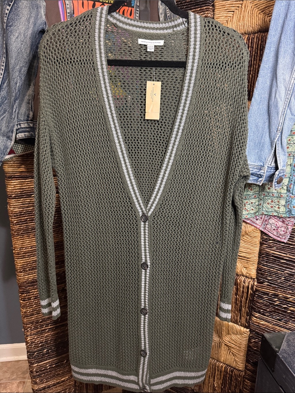 American Eagle Outfitters Olive Green Open-Weave Button Cardigan with Gray Trim